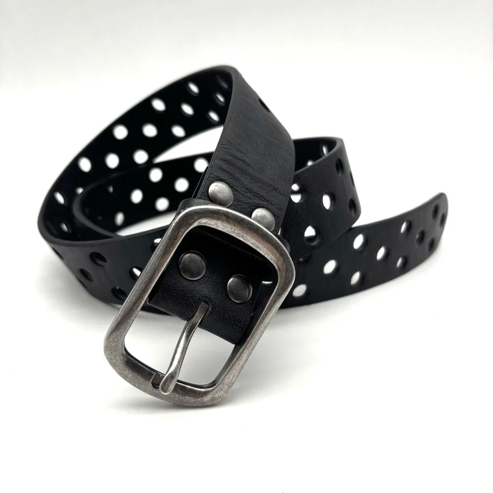Vintage Y2K Black Genuine Leather Single Prong 3-row Holes Belt S/M Up to 36